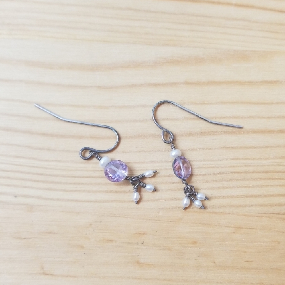 Amethyst and seed pearl earrings